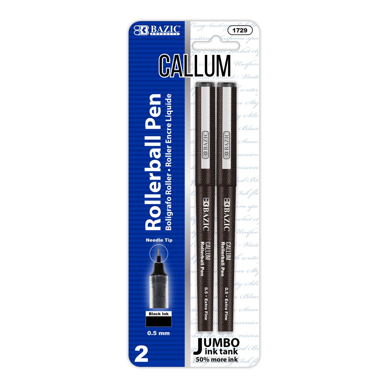BAZIC Callum Black Needle-Tip Rollerball Pen w/ Jumbo Ink Tank (2/Pack)